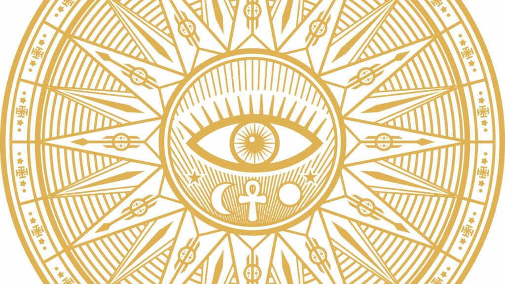 Imagem de uma runa da fortuna, trazendo elemento gráficos relacionados à Maçonaria.
