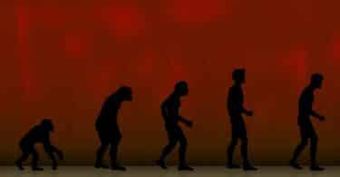 Imagem de fundo vermelho e em destaque imagens da evolução humana, desde os primórdios até os dias atuais.