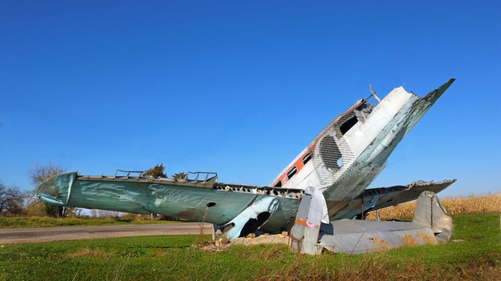 Imagem de um acidente de avião em uma rodovia.
