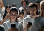 Imagem de várias pessoas engajadas em seus telefones celulares.
