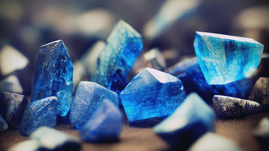 Diversas pedras de Cianita Azul estão no foco da imagem.