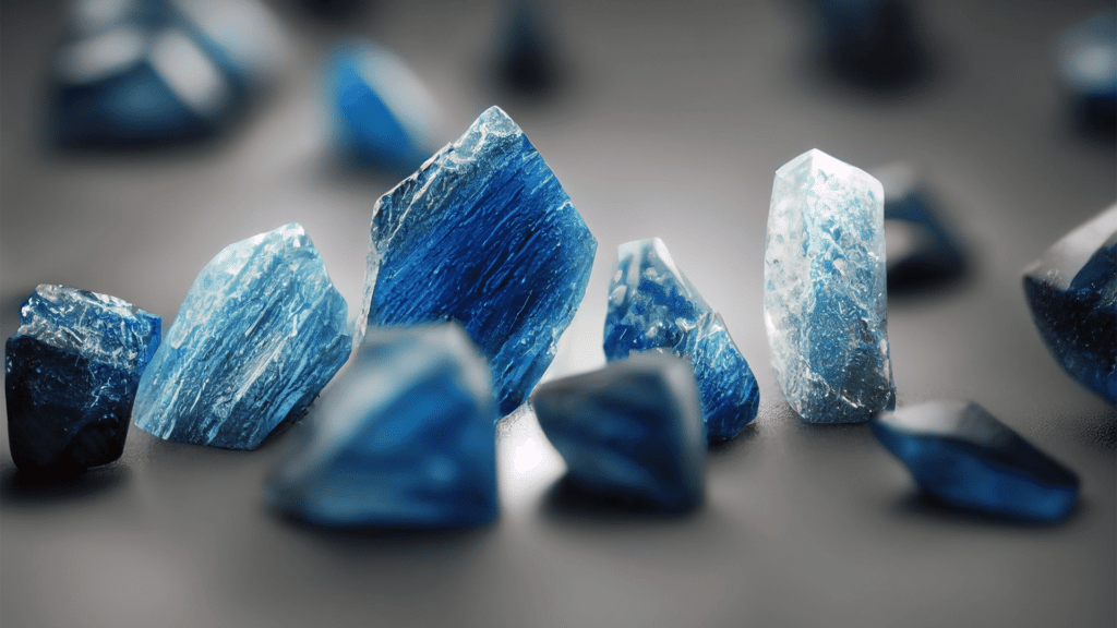 Um grupo de pedras de Cianita Azul estão no centro da imagem. Algumas estão focadas e outras desfocadas.