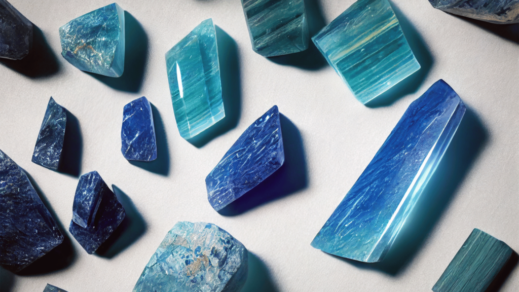 Um grupo de pedras de Cianita estão no foco da imagem. Algumas apresentam o tom azul claro e, outras, azul escuro.