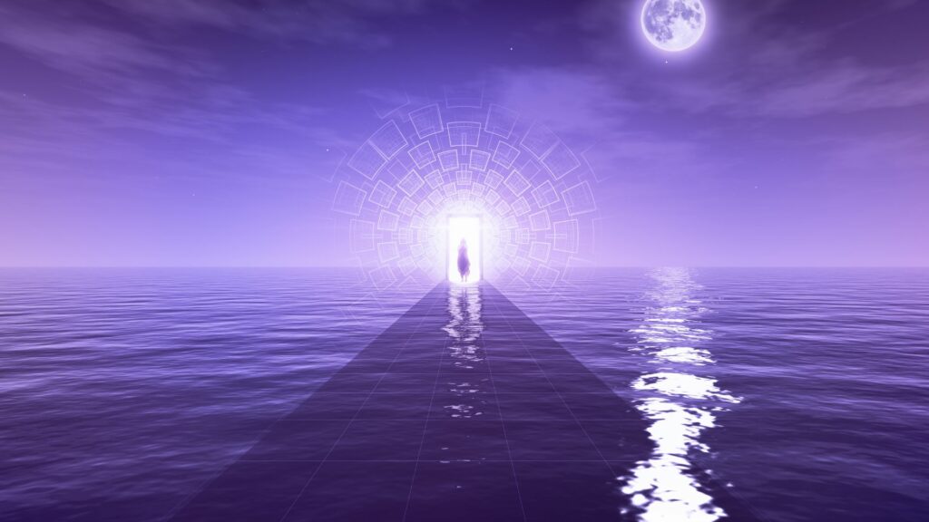 Imagem toda feita na cor roxa, trazendo o conceito de despertar espiritual ou Caminho da Iluminação. Separação da morte e a vida.
