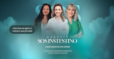 Imagem com três mulheres profissionais da saúde divulgando o evento "Desafio SOS Intestino".