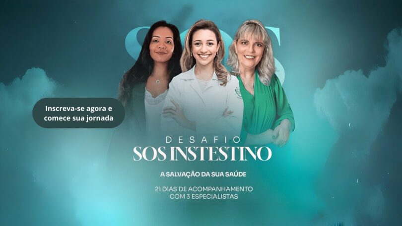 Imagem com três mulheres profissionais da saúde divulgando o evento "Desafio SOS Intestino".
