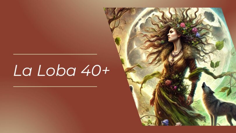 Na ilustração, a figura feminina central é adornada com elementos naturais como flores e folhas, e um lobo está presente, reforçando a conexão com a natureza selvagem. A combinação desses elementos sugere uma representação da "La Loba", um arquétipo que em algumas culturas representa a mulher selvagem, curadora e sábia. Há o escrito "La Loba 40+" na imagem, se referindo ao nome do evento.