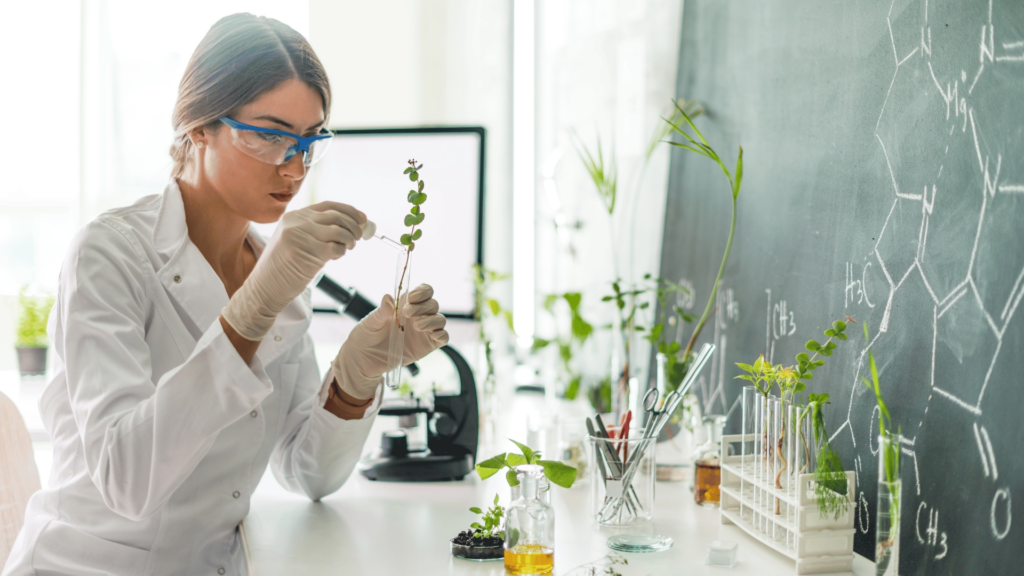 Uma cientista ou pesquisadora está trabalhando no laboratório de botânica.