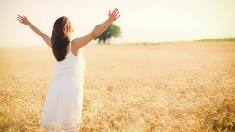 Imagem de um campo de trigo com uma árvore ao fundo. Em destaque, uma mulher usando um vestido branco. Ela está de braços abertos para o sol, contemplando a sua solitude.