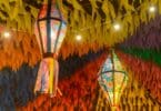 Imagem de bandeirinhas e balões coloridos pendurandos decorando a época das festas juninas.