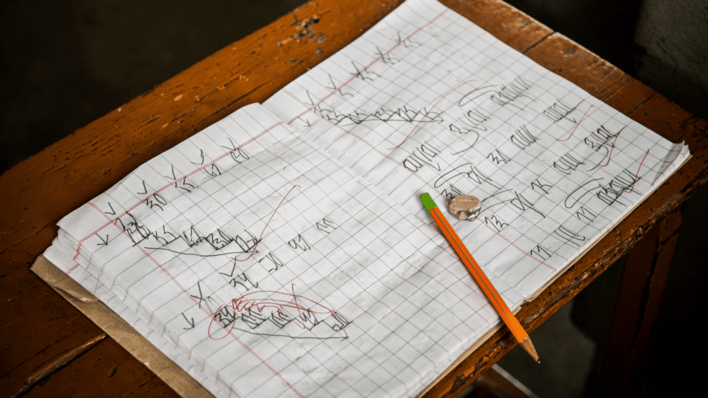 Um caderno simples de matemática de um aluno está aberto em cima de uma mesa de madeira desgastada. Há um lápis em cima do caderno.