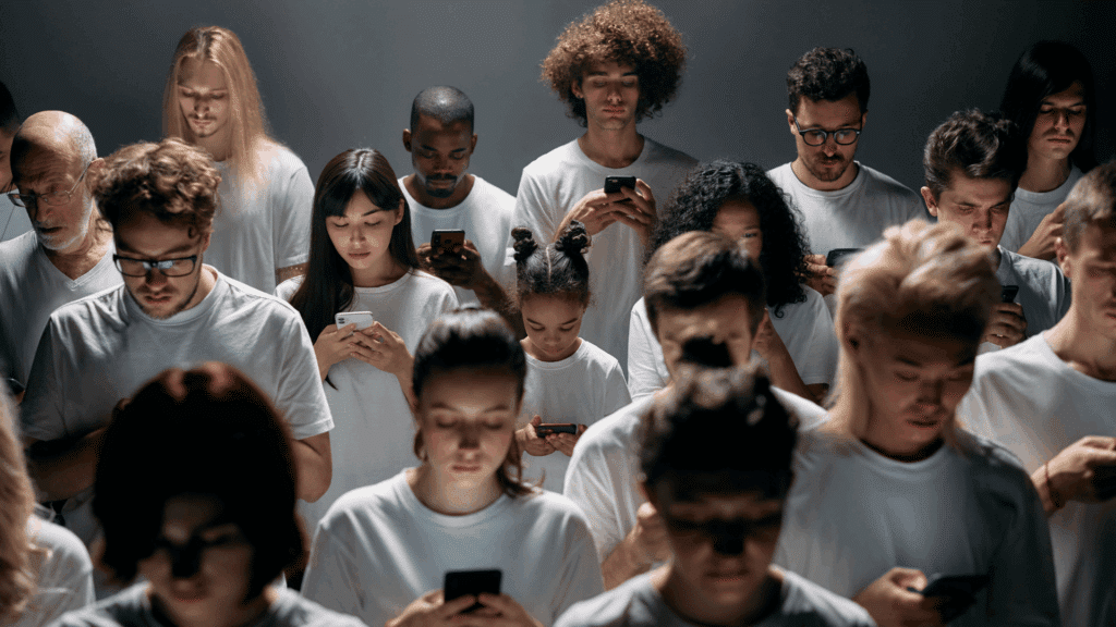 Um grupo de pessoas, todas com a cabeça inclinada para baixo, mexendo no celular, está no foco da imagem.