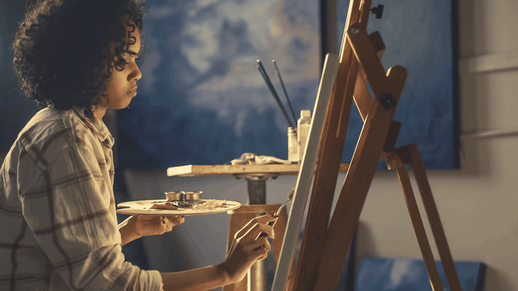 Uma mulher jovem está sentada e pintando um quadro. Ela está concentrada na arte.
