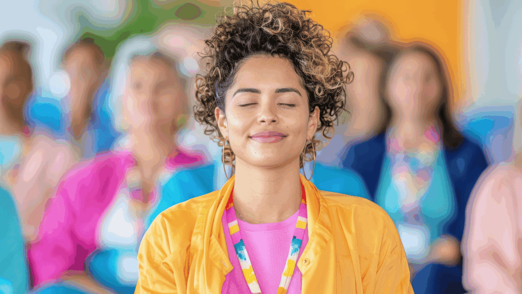 Uma mulher meditando com os olhos fechados está em destaque na imagem. Ao fundo, há outras mulheres fazendo o mesmo.