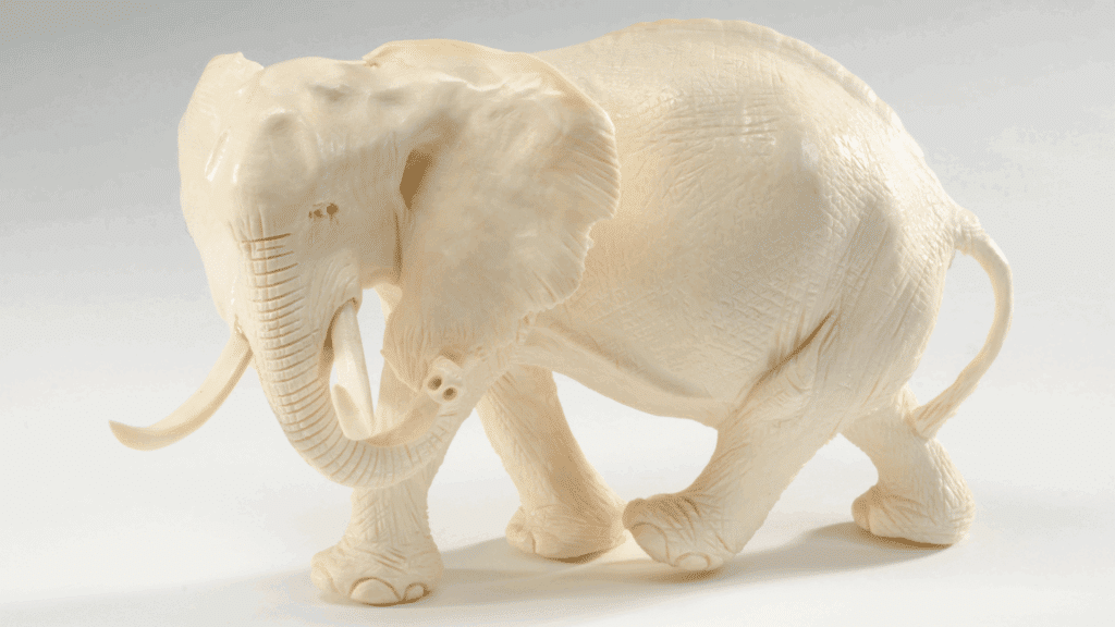 No foco da imagem, há uma escultura de elefante feita com marfim.