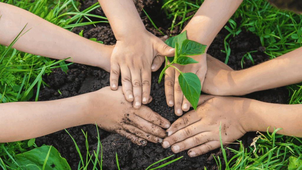 No foco da imagem, há algumas mãos de crianças plantando uma árvore.