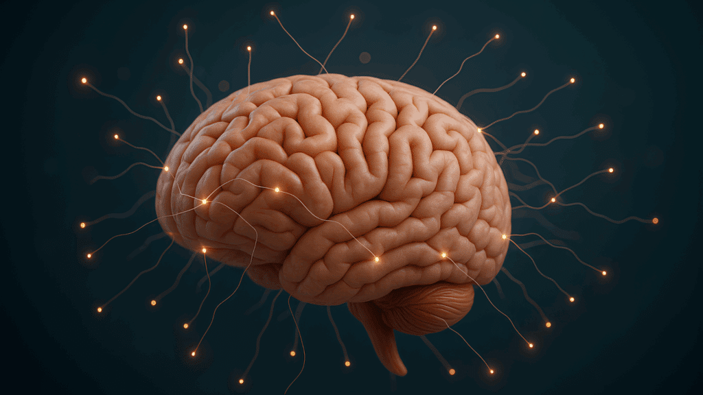 Cérebro humano com conexões luminosas representando atividade neural e sinapses.