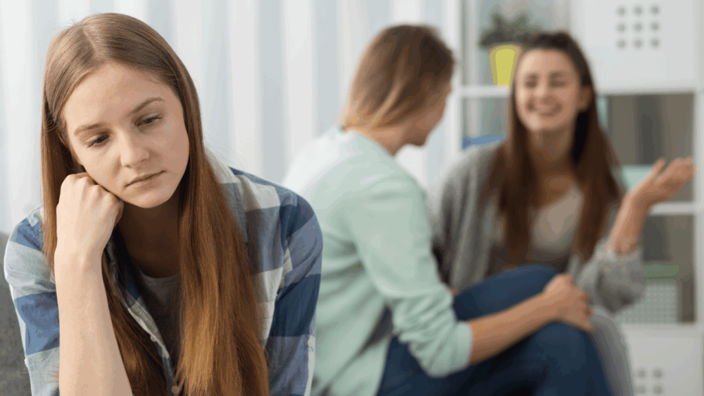 Na imagem, há uma adolescente triste sendo excluída pelas duas outras adolescentes que conversam atrás dela.