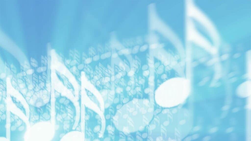 Imagem de fundo azul claro e em destaque, várias notas musicais.
