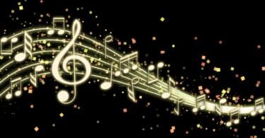 Imagem de fundo preto e em destaque, vários tipos de notas musicais na cor dourada.