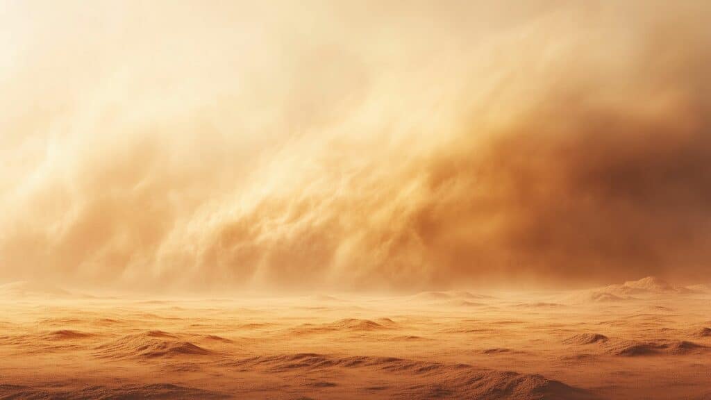 Imagem do deserto e sobre ele uma intensa nuvem de poeira.
