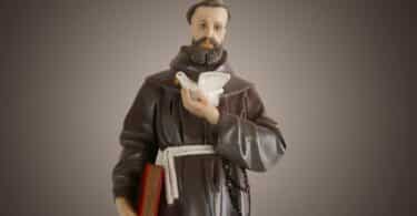 Imagem de São Francisco de Assis, segurando em uma das mãos uma pombiha branca e na outra o livro sagrado.