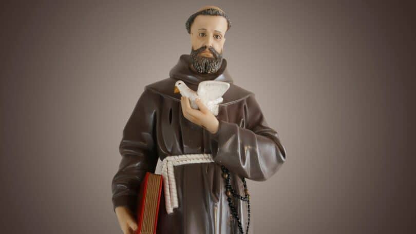 Imagem de São Francisco de Assis, segurando em uma das mãos uma pombiha branca e na outra o livro sagrado.