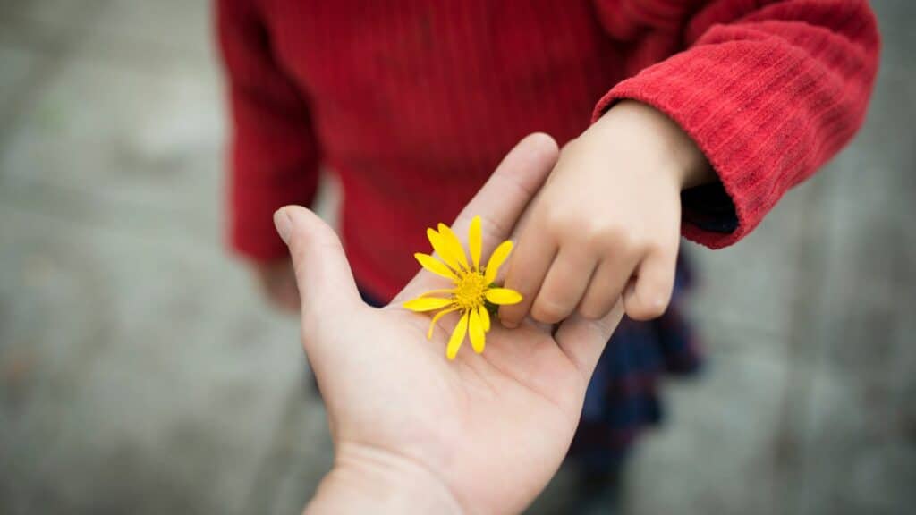 Imagem da mão de uma criança colocando uma flor amarela sobre a mão de um adulto, simbolizando o recomeço e descobertas para um mundo novo.
