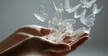 Imagem das mãos de uma mulher cheias de borboletas transparentes, simbolizando a evolução espiritual.