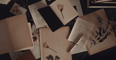 Há diversos papéis espalhados sobre uma mesa. Há cadernos, papéis antigos em branco, folhas com algum conteúdo escrito e há pequenas plantas e flores sobre a mesa.