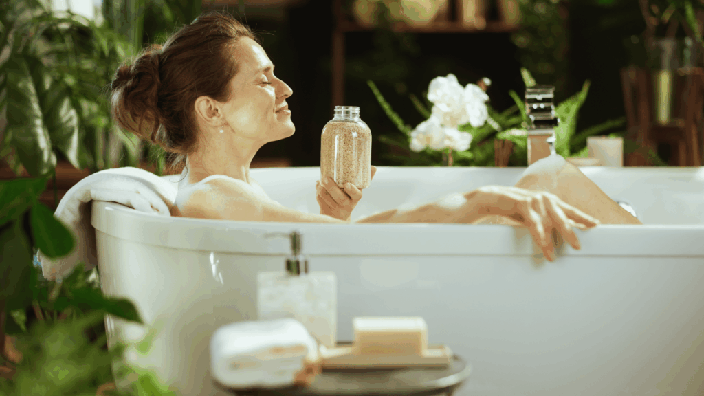 Na imagem, há uma mulher tomando banho em uma banheira. Ela segura e sente o cheiro de um produto natural. Ao redor, há flores e plantas.