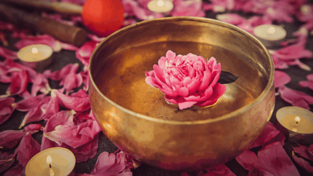 Flor cor de rosa dentro de uma tigela de canto tibetano que contém água. Ao lado, há velas e pétalas de flor.