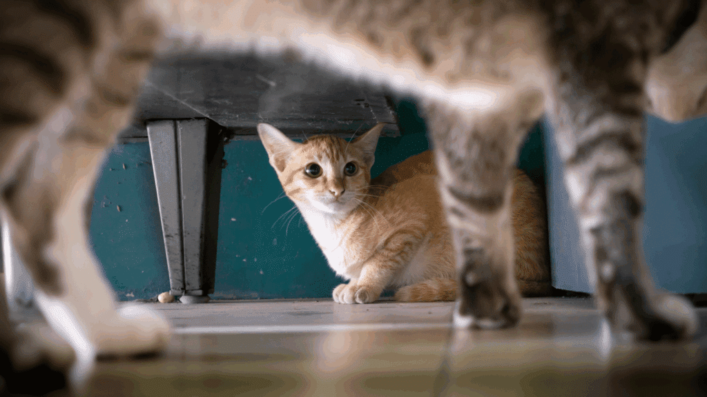 Um gato amarelo está se escondendo embaixo de um móvel de um gato cinza que está passando por perto.