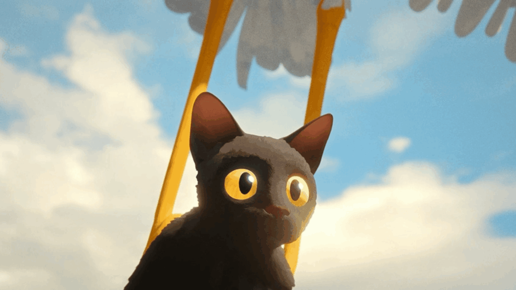 O gato preto e protagonista do filme de animação "Flow" está sendo carregado no ar por uma ave. Ele está assustado.