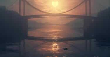 Imagem de uma ponte com um coração ao fundo, próximo ao Sol, simbolizando a paz.