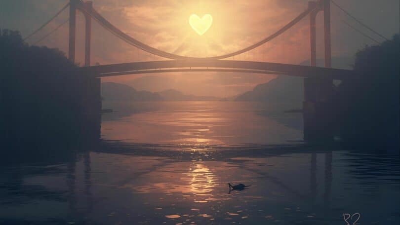 Imagem de uma ponte com um coração ao fundo, próximo ao Sol, simbolizando a paz.
