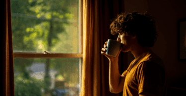Um homem está tomando café e olhando pela janela. Há árvores e natureza do lado de fora da janela.
