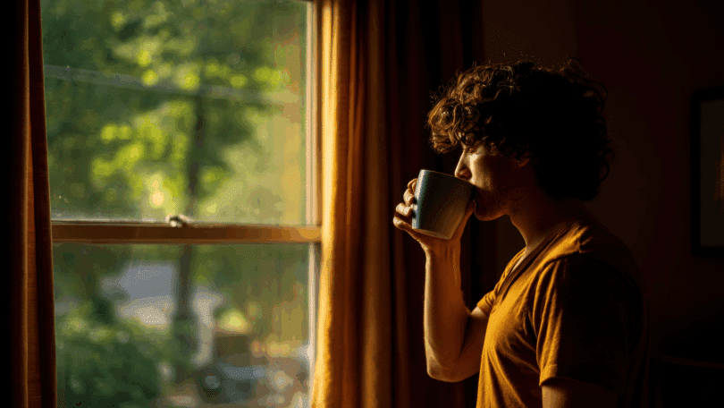 Um homem está tomando café e olhando pela janela. Há árvores e natureza do lado de fora da janela.
