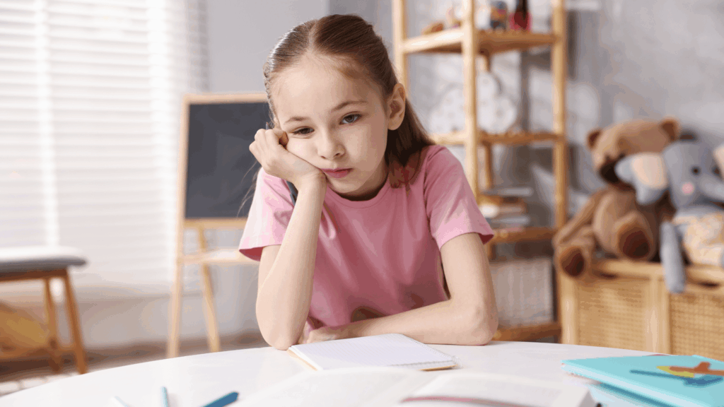 Menina com expressão de chateada apoiando o rosto na mão enquanto olha para um caderno aberto sobre a mesa, em um ambiente infantil com brinquedos ao fundo.