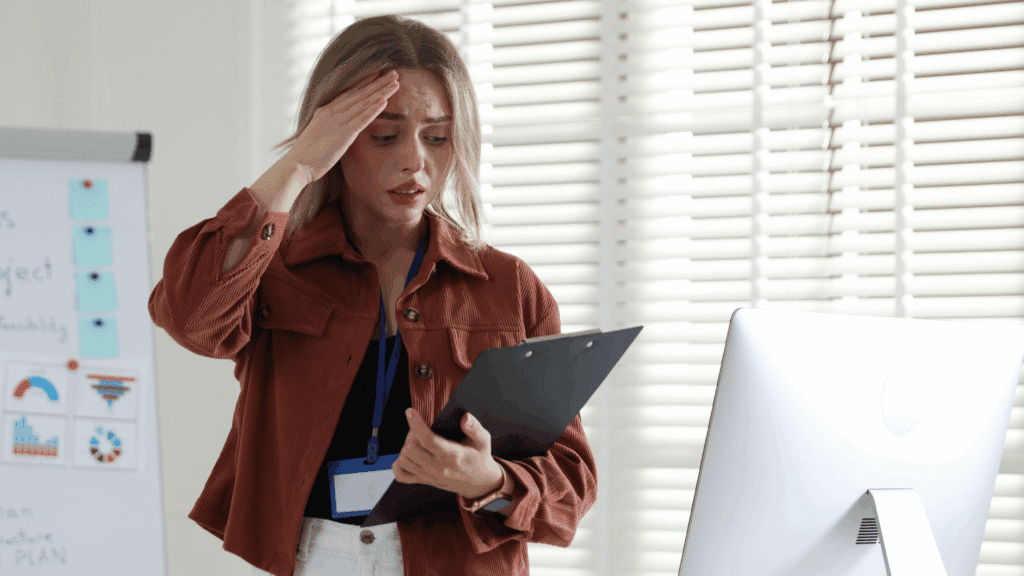 Mulher com expressão preocupada segurando uma prancheta e tocando a testa, em um escritório com computador e quadro de gráficos ao fundo.