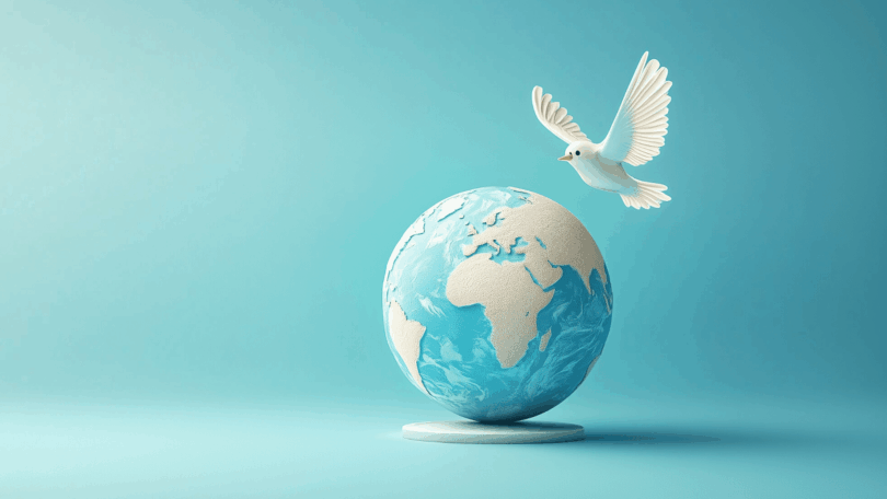 Uma pomba branca está sobrevoando um globo terrestre, indicando a paz mundial.