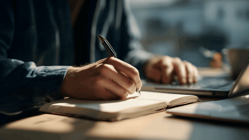Pessoa escrevendo em um caderno com uma caneta, sentada à mesa com um laptop ao lado, em ambiente iluminado pela luz natural.