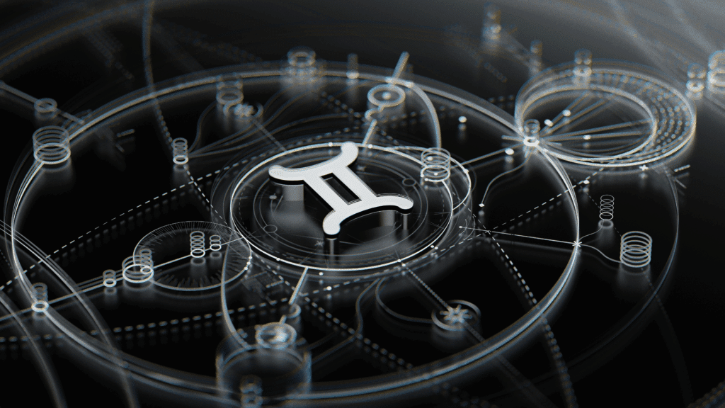 O símbolo do signo de Gêmeos está em destaque na imagem. Embaixo, há um mapa astrológico.