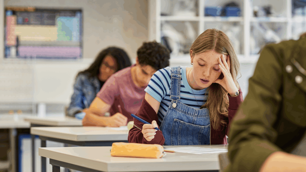 Estudante adolescente sentada em uma sala de aula, concentrada e com expressão de dificuldade enquanto faz uma prova; outros alunos aparecem desfocados ao fundo também escrevendo.
