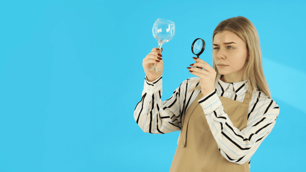 Mulher usando avental observa atentamente uma taça de vidro com uma lupa, diante de um fundo azul.