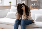 Mulher sentada no sofá com a cabeça abaixada e as mãos segurando o cabelo, aparentando estresse ou angústia.