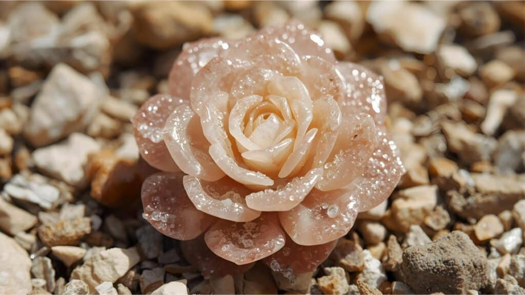 Imagem da pedra rosa do deserto que é uma formação mineral de gesso (selenita) e areia, com cristais em formato de roseta que lembram pétalas de rosa.