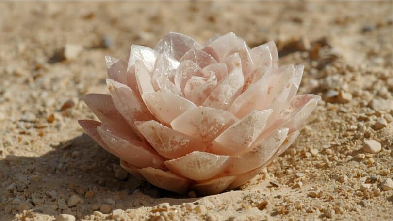Imagem da pedra rosa do deserto que é uma formação mineral de gesso (selenita) e areia, com cristais em formato de roseta que lembram pétalas de rosa.