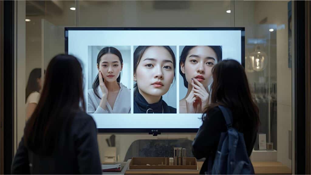 Imagem de uma tela digital, como se fosse uma vitrine, onde a pessoa busca pelo seu autocuidado. Ela se vê na tela, em várias fotos do seu rosto e com ângulos diferentes.