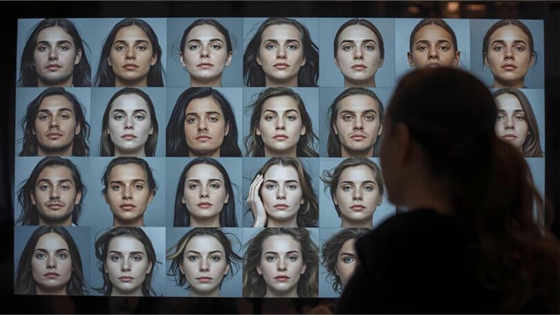 Imagem de uma tela digital, como se fosse uma vitrine, onde a pessoa busca pelo seu autocuidado. Ela se vê na tela em vários tipos e formatos de rosto.